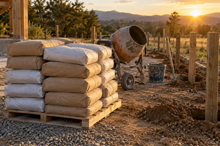 Pallet of stacked concrete mix bags beside a cement mixer and fence posts on a building site at sunset
