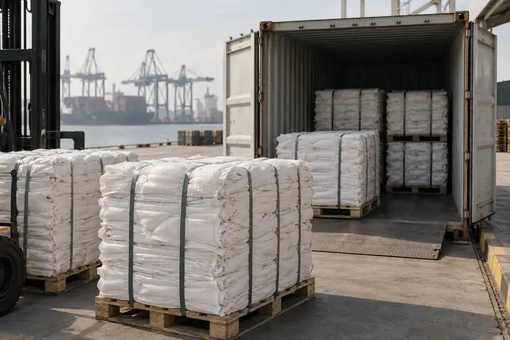 Bales of woven polypropylene bags being loaded into a shipping container at a port