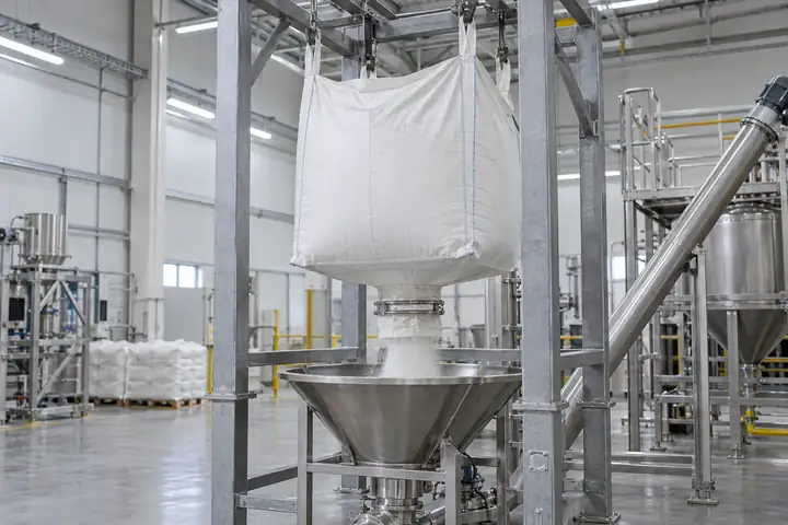 Bulk bag hanging in a discharger frame emptying powder through its bottom spout into a hopper