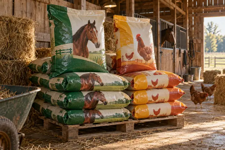 Stacks of glossy printed BOPP feed bags with horse and chicken designs on pallets in a barn
