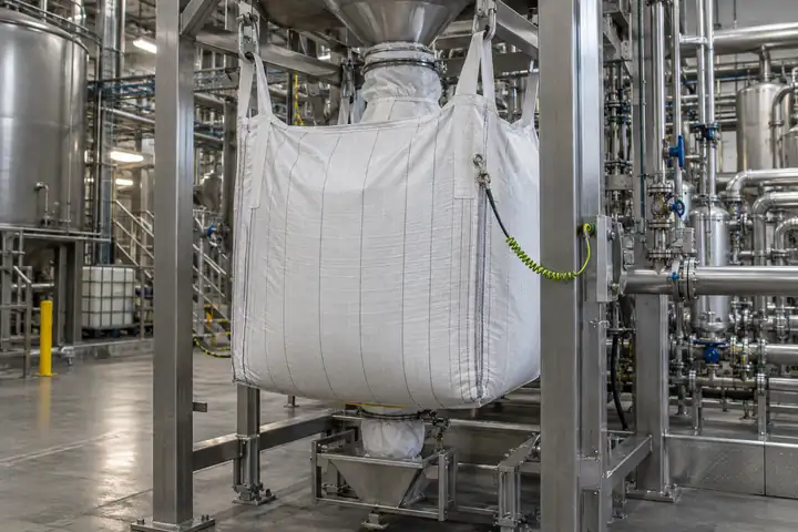 Conductive bulk bag with an earthing cable clipped on, hanging on a filling station in a chemical plant