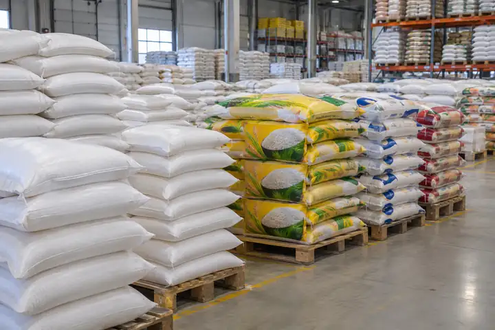 Stacks of white woven rice and flour sacks and printed laminated bags on pallets in a food warehouse