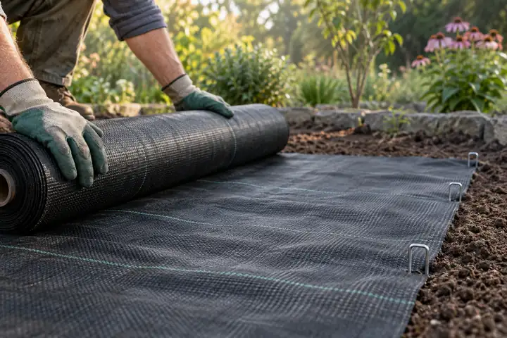 Gloved hands unrolling black woven landscape fabric over a prepared garden bed