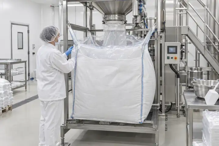 Worker in a hairnet checking a white bulk bag with a clear liner on a filling frame in a food plant