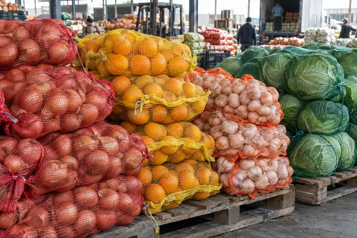Red, yellow and orange leno mesh bags of onions, oranges and garlic with green mesh bags of cabbages at a produce market
