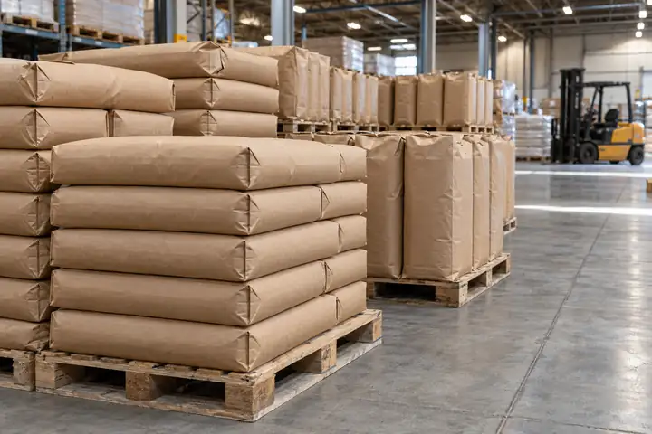 Pallets of brown multiwall kraft paper sacks in a warehouse with a forklift behind