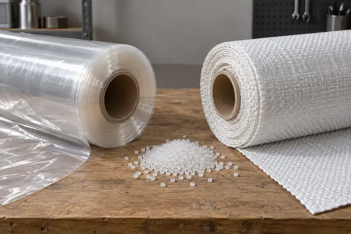 Roll of clear polyethylene film beside a roll of white woven polypropylene fabric on a workbench