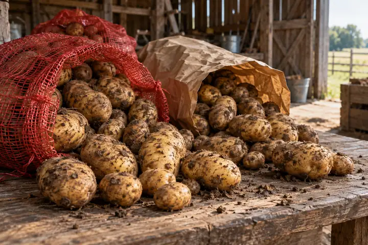 Fresh potatoes spilling from a red mesh potato sack and a brown paper potato bag on a farm table