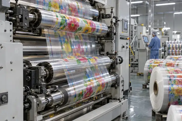Rotogravure press printing colourful designs onto clear BOPP film in a packaging factory