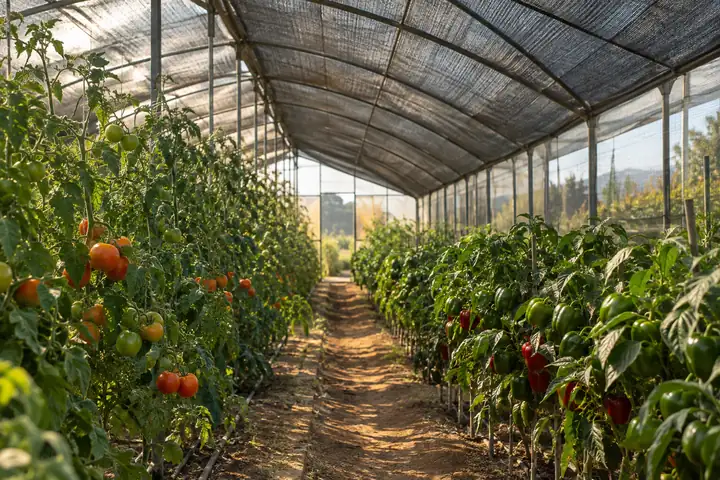 Greenhouse covered with black shade cloth over rows of tomato and pepper plants