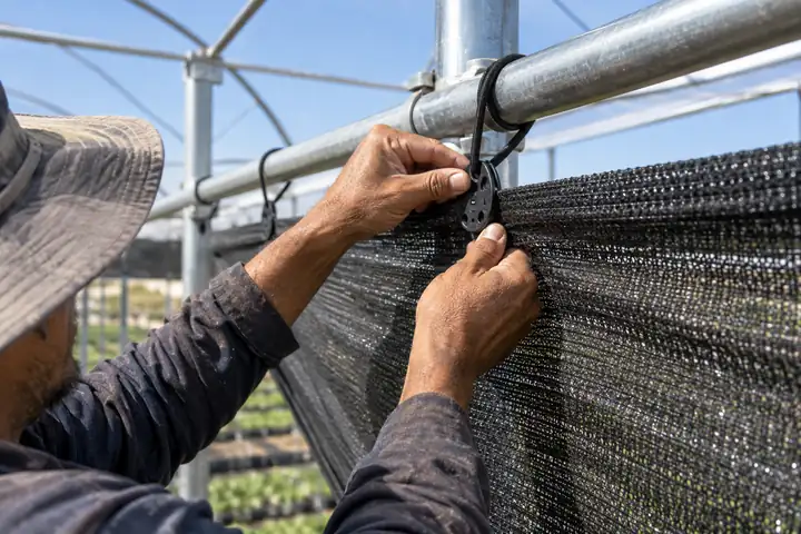 Hands fixing black shade cloth to a greenhouse frame with shade cloth clips