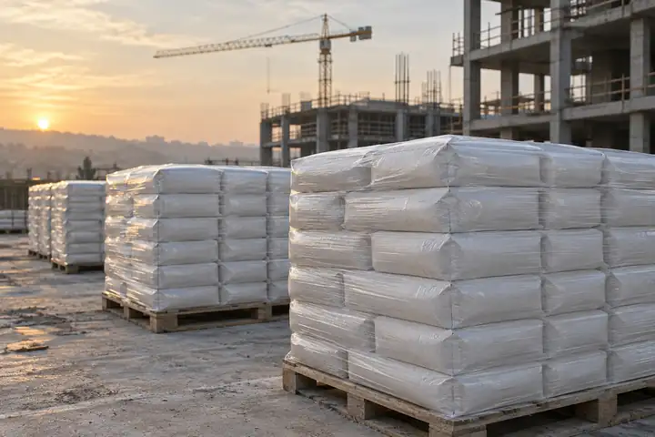 Pallets of white block-bottom valve bags stacked and stretch-wrapped on a construction site