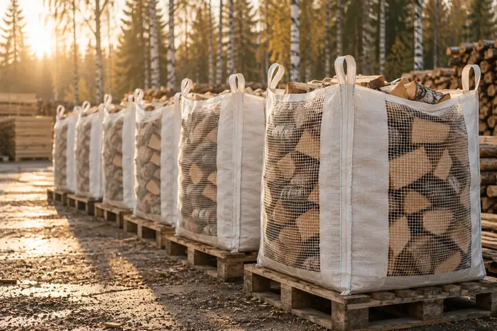 Split firewood logs in vented FIBC bulk bags on pallets in a timber yard