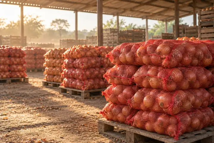 Red and orange leno mesh bags filled with onions in a farm packing shed