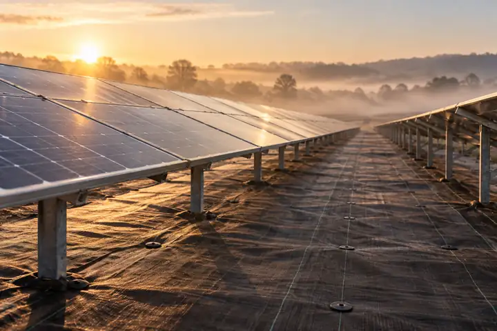 Black woven weed control fabric covering the ground between solar panel rows